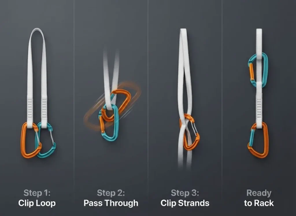 A 4-step vector illustration demonstrating how to triple a 60cm Dyneema climbing sling into an alpine quickdraw. Panels show clipping both carabiners, passing one through the other, and clipping the strands to create a compact bundle.