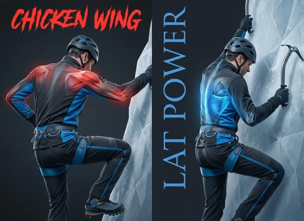 A split-screen biomechanical infographic comparing ice climbing forms. The left side depicts the incorrect "Chicken Wing" flared elbow technique with red strain indicators. The right side shows the correct "Load from the Shoulder" technique with blue glowing lines highlighting latissimus dorsi engagement.