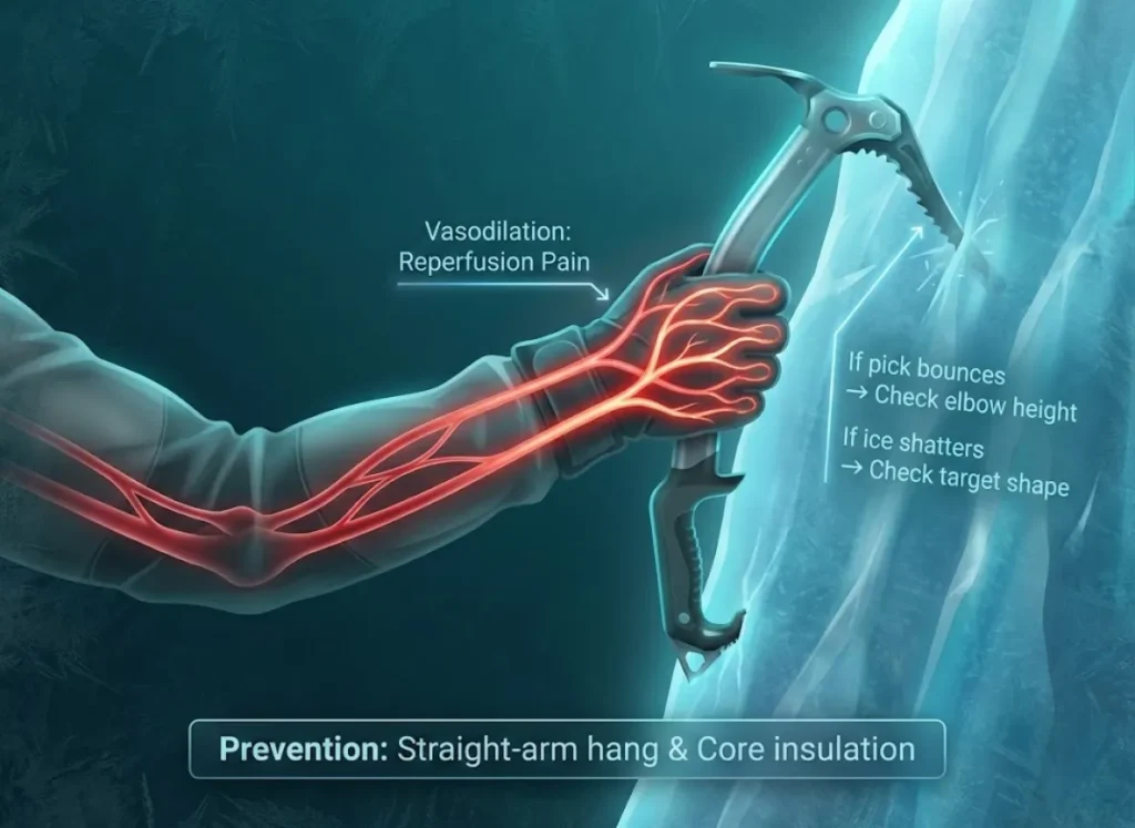 A premium stylistic infographic illustrating the "Screaming Barfies" in ice climbing. The image features a cross-section of a climber's arm showing blood vessel expansion, an ice axe penetrating a frozen waterfall, and integrated text advice regarding technique and blood flow management.