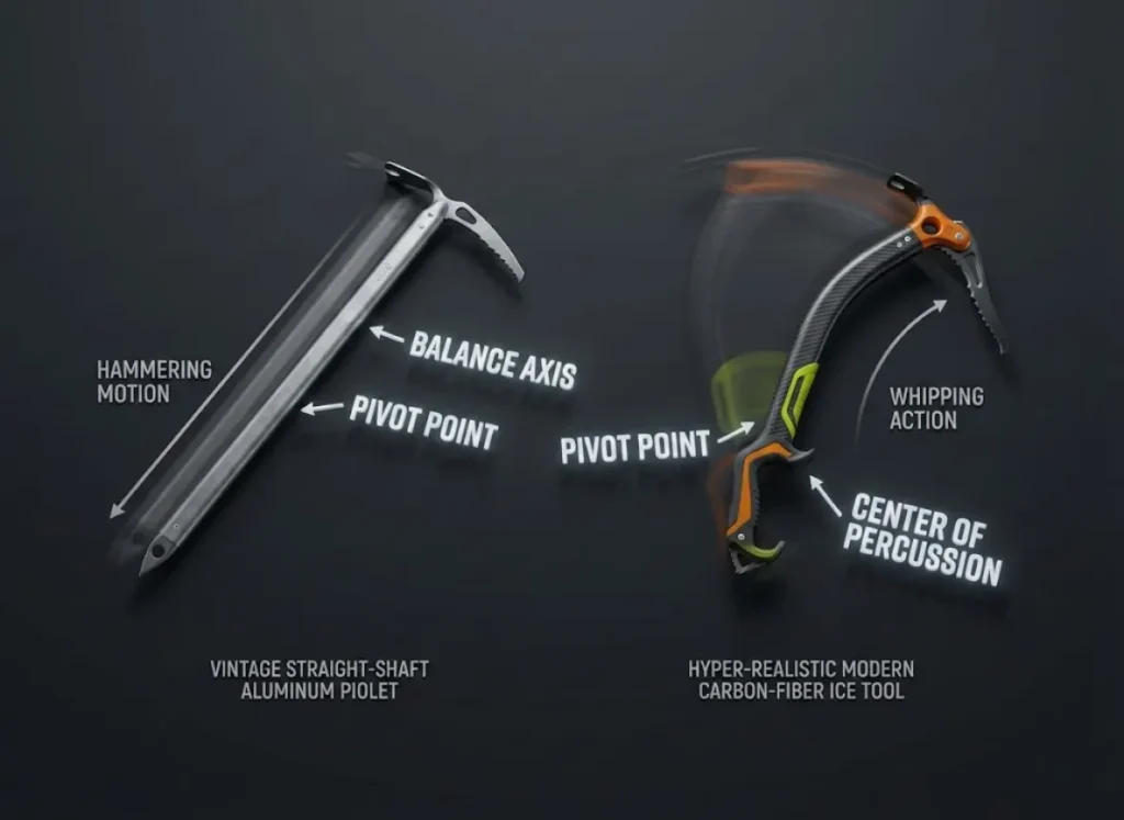 A split-screen technical illustration comparing a vintage straight ice axe with a modern ergonomic ice tool. Glowing schematic lines overlay the modern tool, labeling the Balance Axis, Pivot Point, and Center of Percussion to demonstrate the physics of the swing.