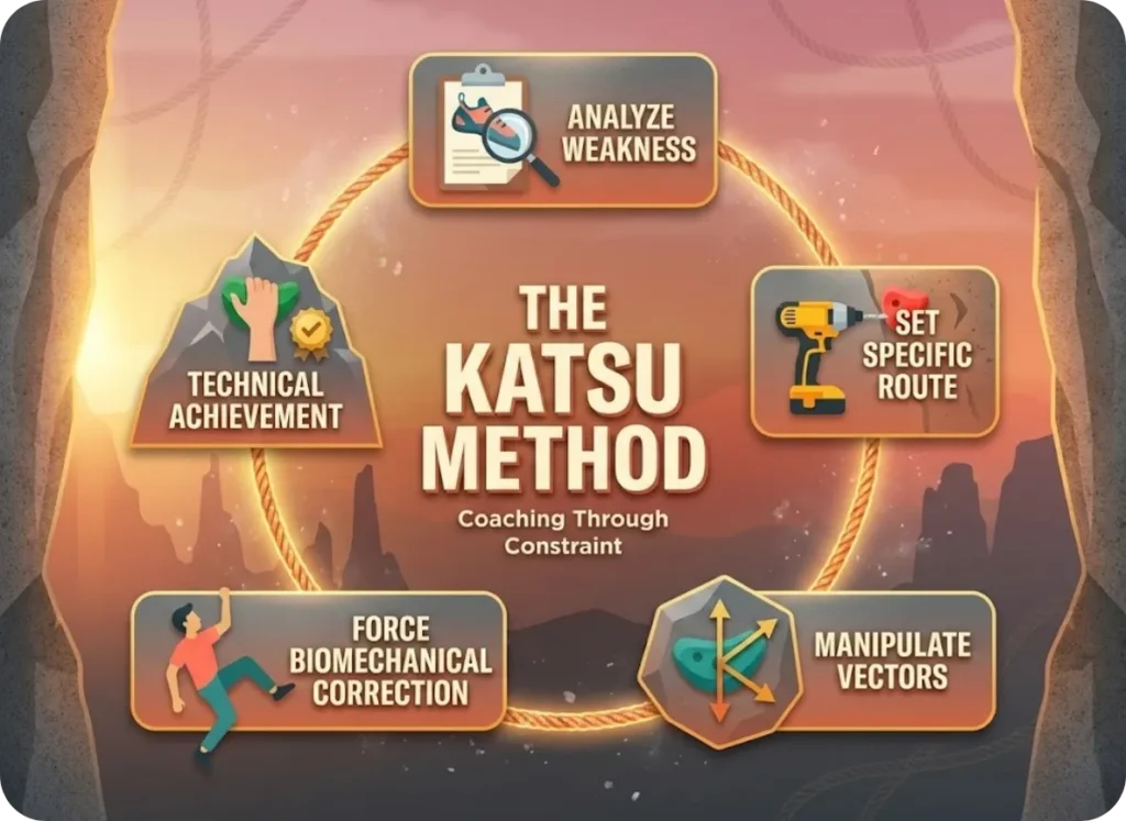 A circular process flowchart titled "The Katsu Method" set against a climbing rock face background, illustrating the five stages of routesetting coaching: Analyze Weakness, Set Specific Route, Manipulate Vectors, Biomechanical Correction, and Technical Achievement.