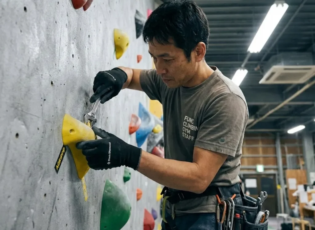 Japanese routesetter adjusting climbing hold angle demonstrating Katsu Method precision