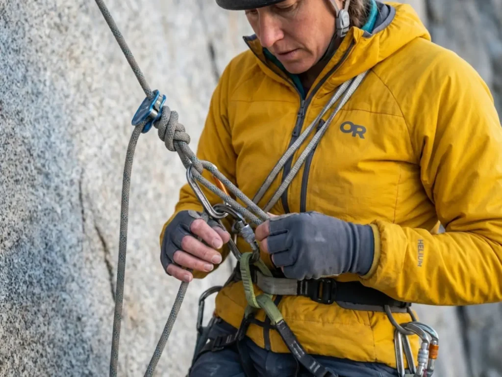 Climber passing rope knot on rappel using Prusik backup during multi-pitch descent