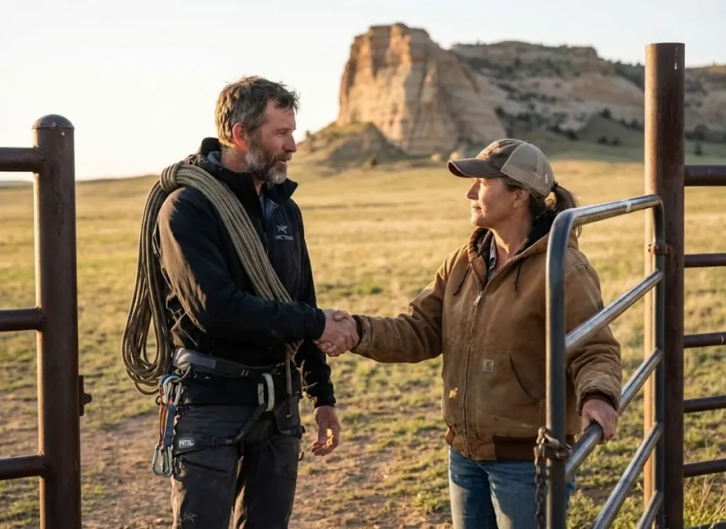 Climber and private landowner shaking hands at ranch gate demonstrating climbing access agreement