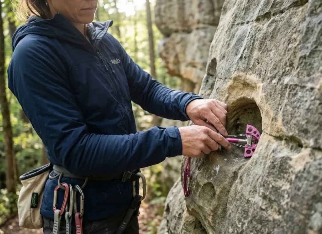 Climber placing Camp Tricam into limestone solution pocket at Red River Gorge demonstrating stinger technique