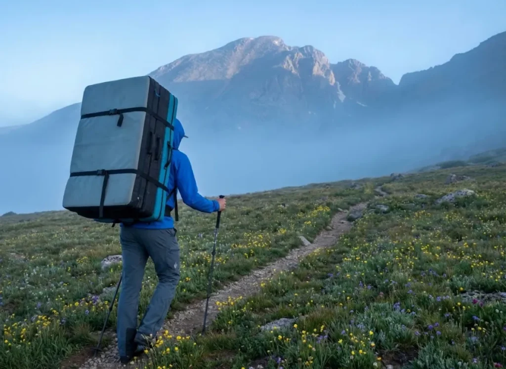 A climber hikes up a steep trail in Rocky Mountain National Park carrying a massive stack of four crash pads, demonstrating proper gear transport and Leave No Trace ethics in an alpine environment.