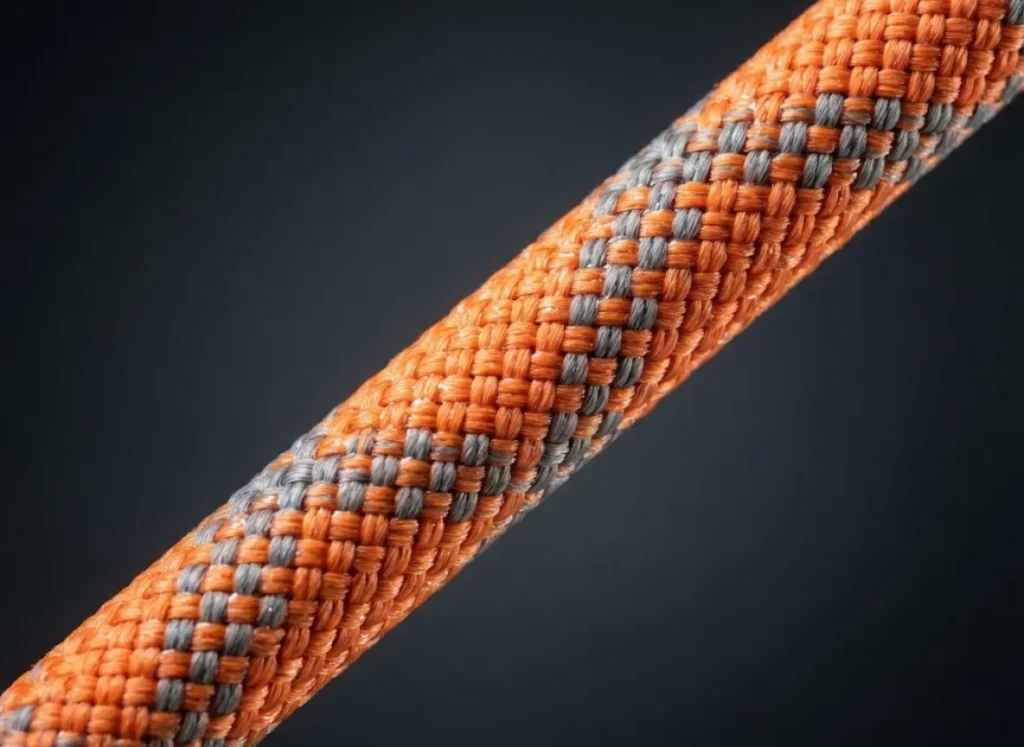 Extreme close-up of a Petzl climbing rope showing the texture of the kernmantle sheath and nylon fibers under studio lighting.