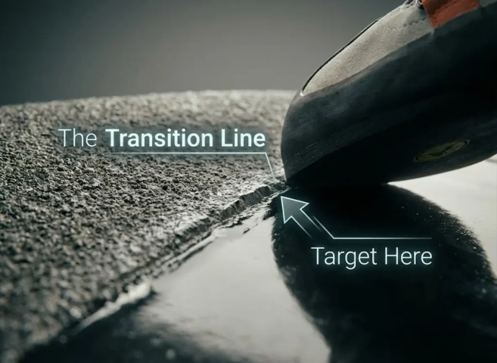A macro photograph of a dual-texture climbing hold, showing the close-up boundary between rough grit and smooth gloss. A visual indicator with an arrow points to the ridge, labeled 'Target Here', and the boundary itself is labeled 'The Transition Line', demonstrating the "Border" climbing technique.