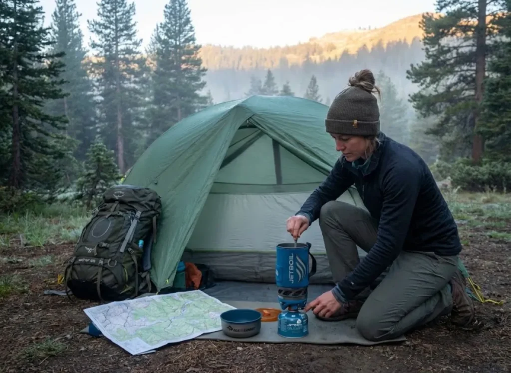 Solo climber cooking breakfast at camp preparing for budget Magic Wood bouldering trip
