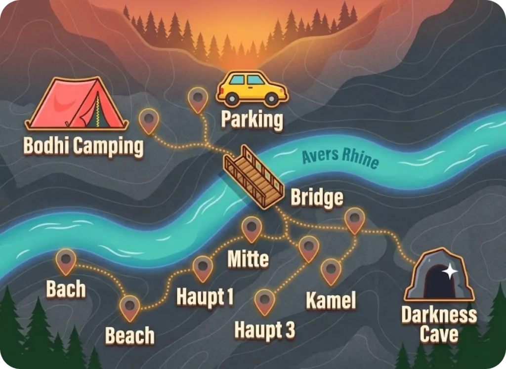 A stylized topographical map of a climbing area showing the Avers Rhine river, Bodhi Camping with a tent icon, parking areas, and climbing sectors like Darkness Cave and Bruno's Block, set against a granite and sunset-colored landscape.