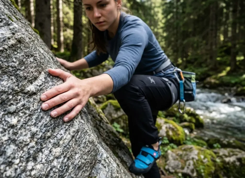Climber examining sharp gneiss rock texture on Magic Wood boulder in Swiss alpine forest