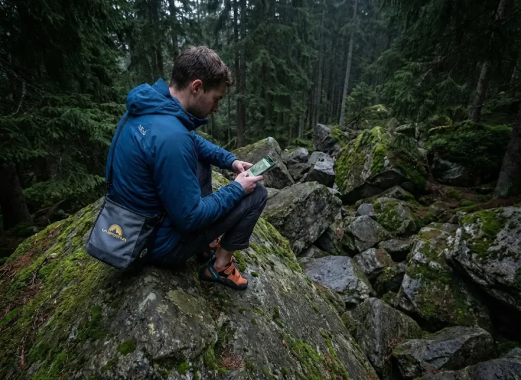 Climber using topo app to navigate Magic Wood boulder field sectors in Swiss forest