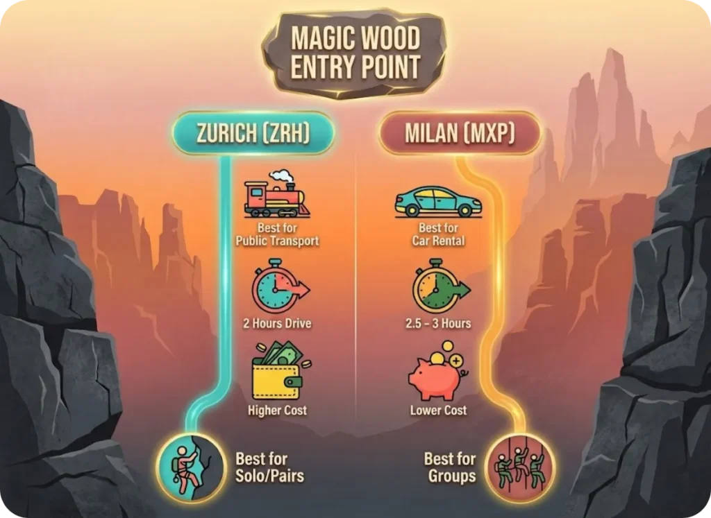 A split-comparison infographic showing travel logistics to Magic Wood from Zurich versus Milan airports. The visual includes icons for airplanes, trains, and rental cars, comparing drive times, costs, and recommended traveler types against a sunset rock face background.