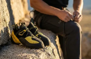 Keep The Downturn In Your Shoes For Longer Close-up of La Sportiva Solution climbing shoes resting on a granite boulder at sunset, highlighting the aggressive downturned shape and pristine yellow rubber tension system.