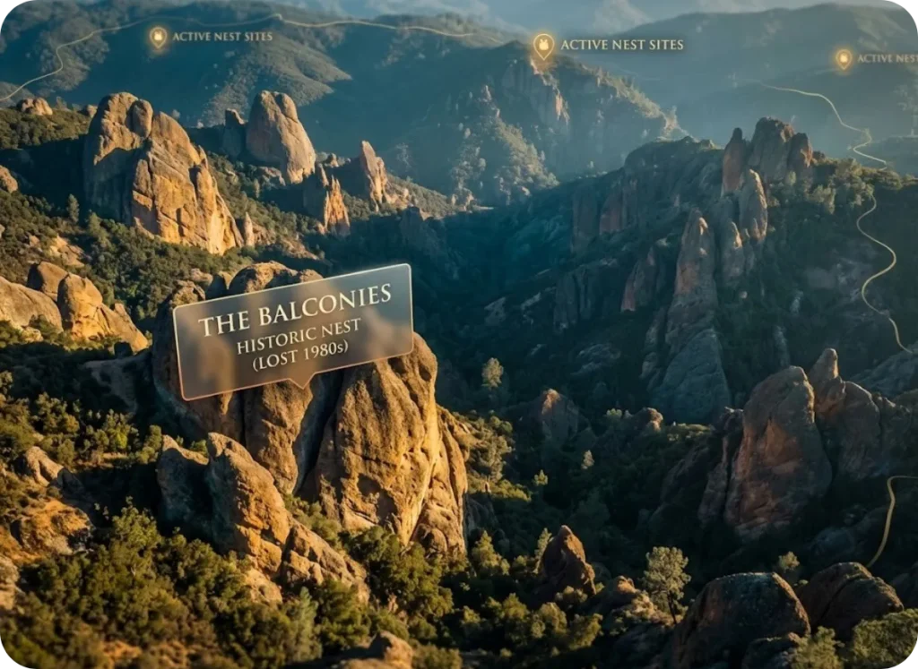 Photorealistic 3D terrain map of Pinnacles National Park showing climbing formations. A prominent label highlights the Balconies formation reading 'Historic Nest (Lost 1980s),' while distant peaks are marked with glowing icons labeled 'Active Nest Sites.' The landscape features volcanic rock spires illuminated by golden hour sunlight against deep teal shadows.