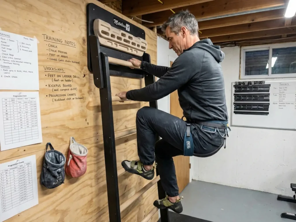 Masters athlete climber demonstrating age-appropriate campus board training modifications with feet-on technique