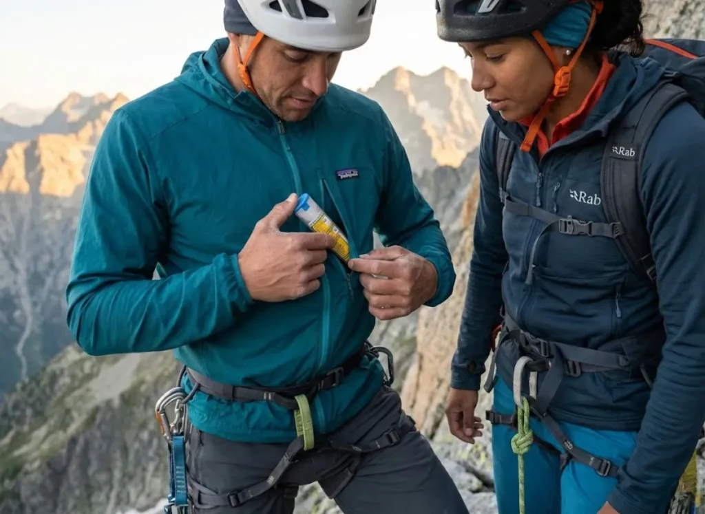 Climbing partners reviewing medical kit location and emergency supplies