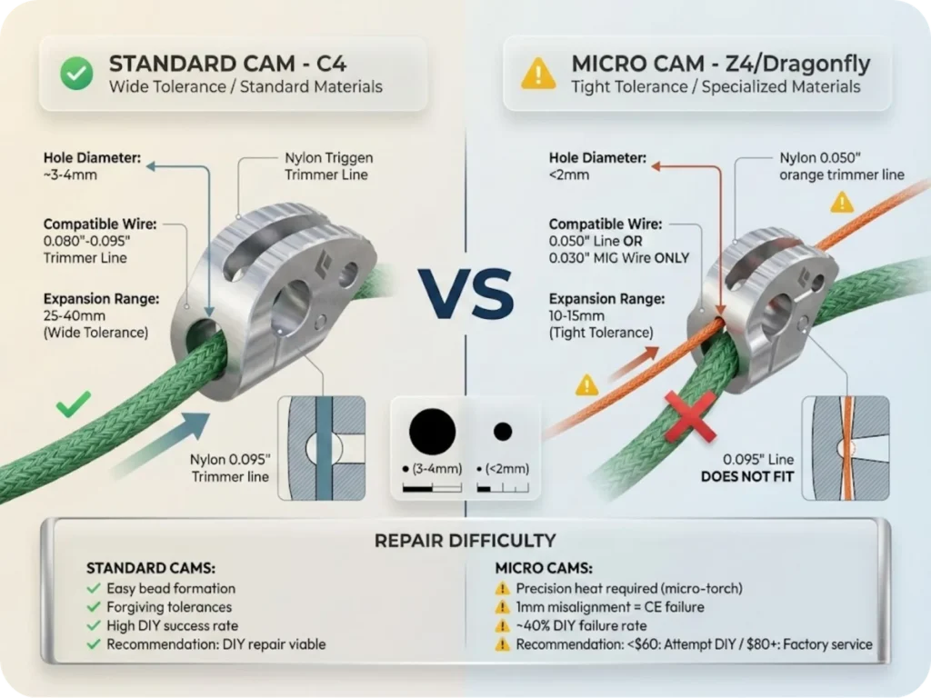 Side-by-side size comparison of standard C4 cam versus Z4/Dragonfly micro cam trigger wire holes, illustrating the diameter difference requiring specialized 0.050" trimmer line or 0.030" MIG wire instead of standard 0.095" materials.