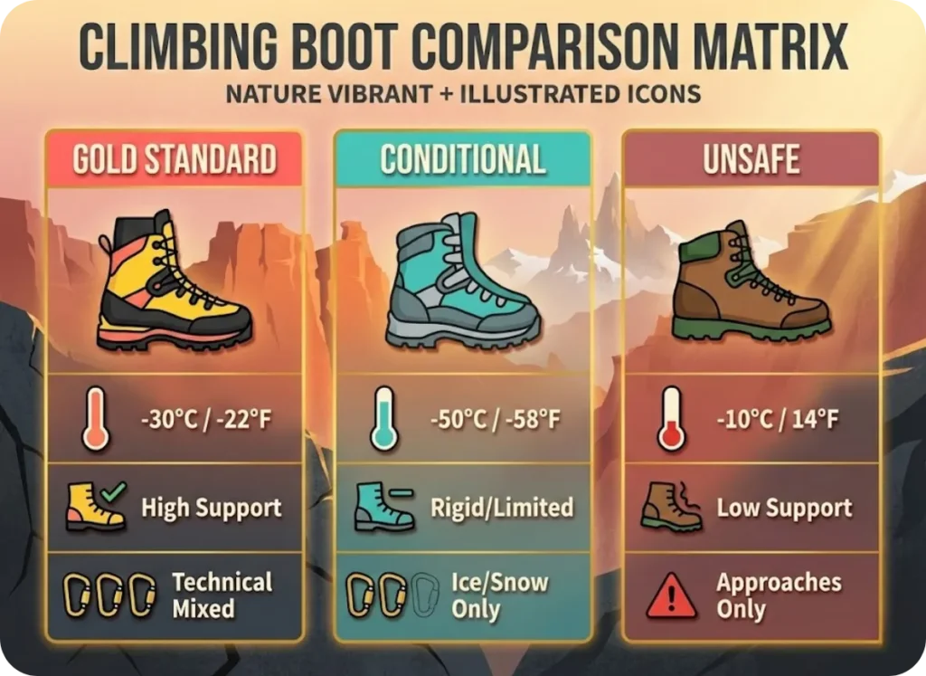 A comprehensive comparison matrix infographic for mountaineering boots set against a sunset rock face background, categorizing footwear into Gold Standard, Conditional, and Unsafe levels with temperature and climbing suitability ratings.