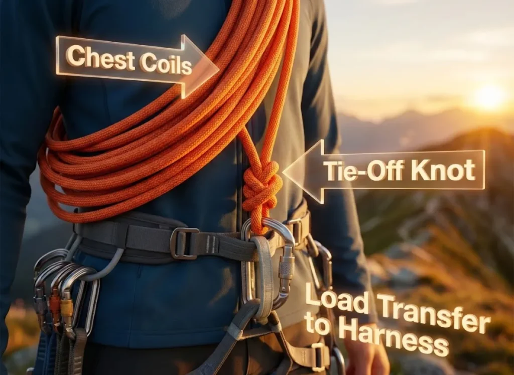 A high-definition instructional graphic showing a mountaineer's torso with rope coiled around the chest, highlighting the critical Kiwi Coil tie-off knot connected to the harness carabiner, with safety labels.