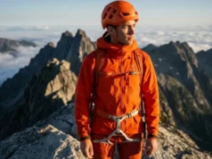 Move Faster in Alpine Terrain With Simul-Climbing Close-up of a professional climber in an orange Arc'teryx jacket traversing a high alpine granite ridge during golden hour, capturing the intensity and precision of simul-climbing.
