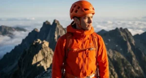 Move Faster in Alpine Terrain With Simul-Climbing Close-up of a professional climber in an orange Arc'teryx jacket traversing a high alpine granite ridge during golden hour, capturing the intensity and precision of simul-climbing.