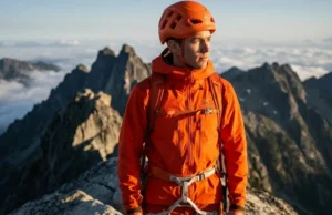 Move Faster in Alpine Terrain With Simul-Climbing Close-up of a professional climber in an orange Arc'teryx jacket traversing a high alpine granite ridge during golden hour, capturing the intensity and precision of simul-climbing.