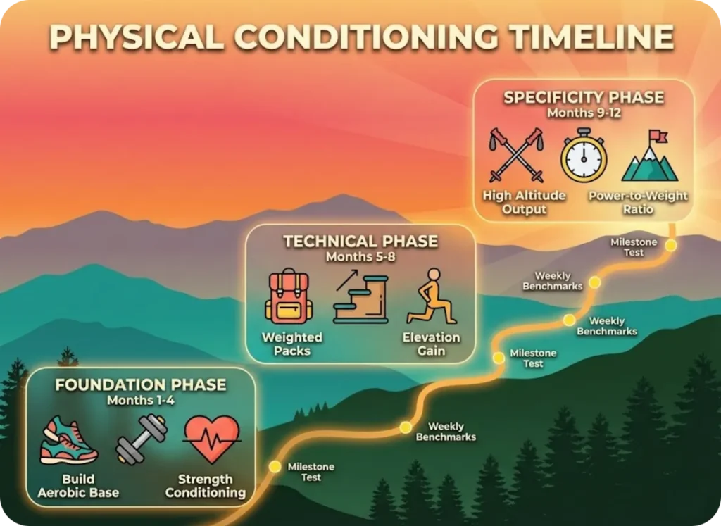 A 12-month mountaineering training timeline infographic set against a mountain sunset background, featuring three distinct phases—Foundation, Technical, and Specificity—illustrated with flat icons of hiking gear and fitness equipment.