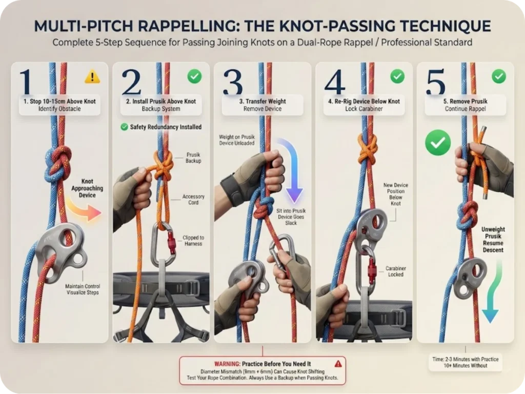 Five-step photo sequence showing knot-passing technique during rappel: knot approaching device, Prusik backup installed above knot, device unloaded and removed, device re-rigged below knot, and Prusik removed to continue descent.