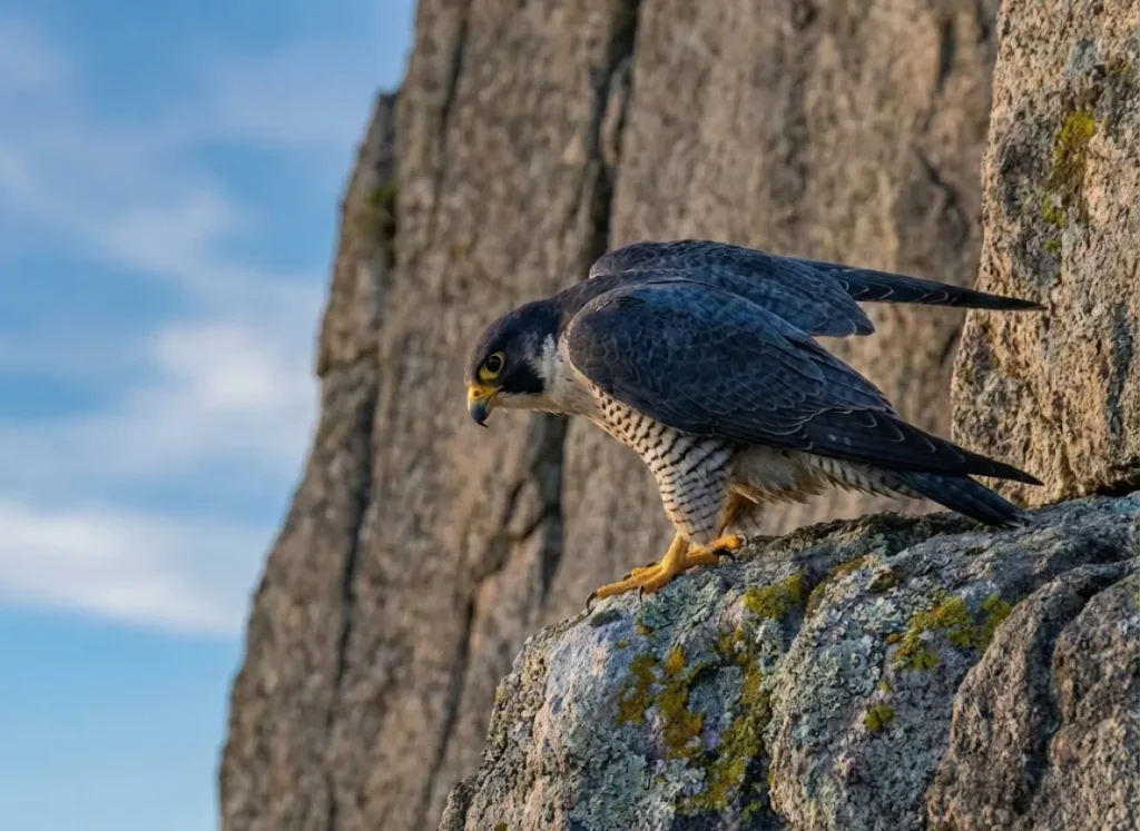 Peregrine falcon in alert posture on granite cliff during nesting season
