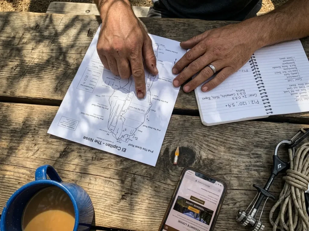 A climber studying an El Capitan route topo and handwritten notes at a wooden table while planning a trip