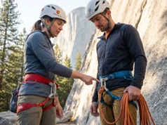 Pre-Climb Safety Check: 6 Steps Every Climber Skips Two climbers performing pre-climb partner safety check at granite crag base