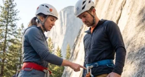 Pre-Climb Safety Check: 6 Steps Every Climber Skips Two climbers performing pre-climb partner safety check at granite crag base
