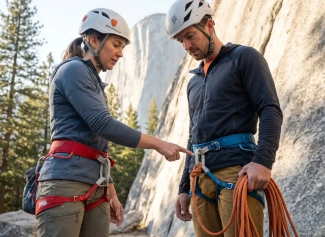 pre-climb-safety-check-partner-verification Two climbers performing pre-climb partner safety check at granite crag base