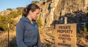 Climbing on Private Land? Liability Laws Every Climber Must Know Climber reviewing private land climbing access sign at crag entrance on Texas ranch property