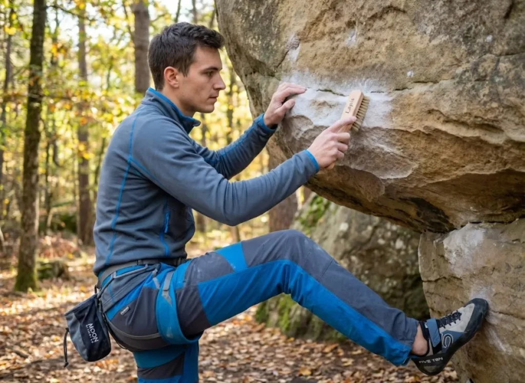 Boulderer demonstrating proper brushing technique on Fontainebleau sandstone hold