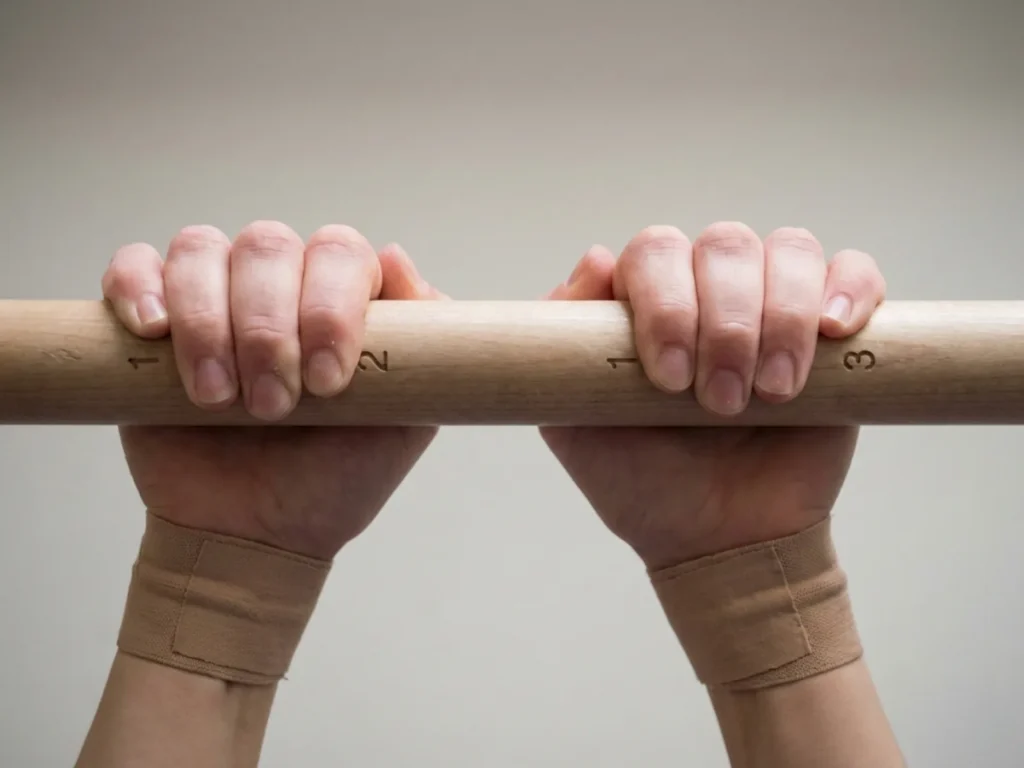 Close-up of proper half-crimp grip technique on campus board rungs demonstrating safe finger positioning