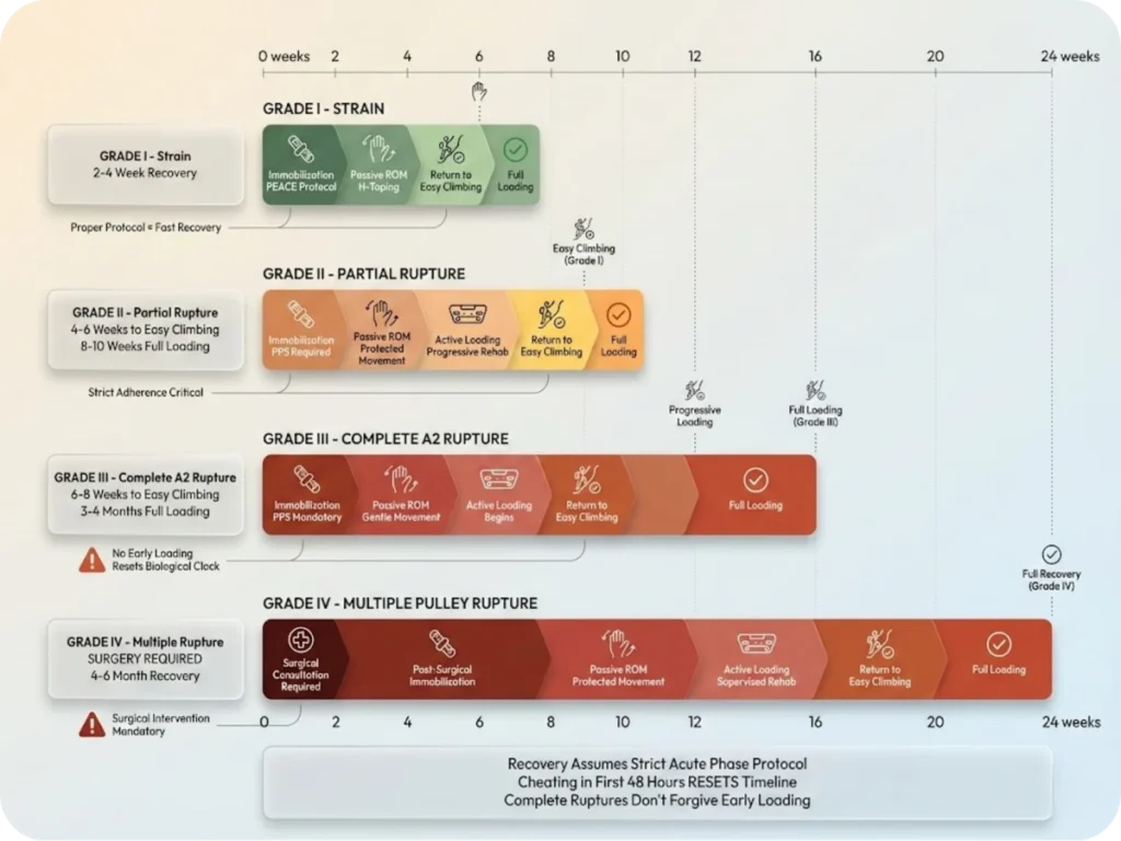 Recovery timeline infographic showing rehabilitation phases for Grade I-IV pulley injuries, with color-coded bars indicating key milestones: immobilization period, passive ROM, active loading, return to easy climbing, and return to full loading for each injury grade.