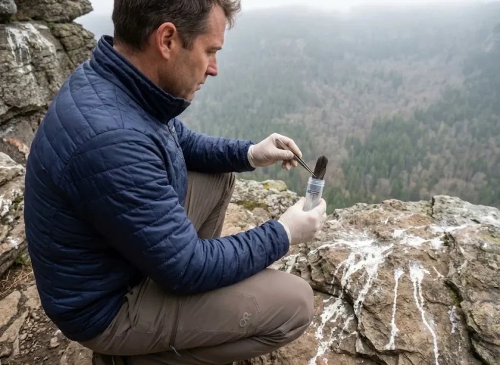 Wildlife biologist collecting raptor feather for corticosterone stress analysis on nesting cliff