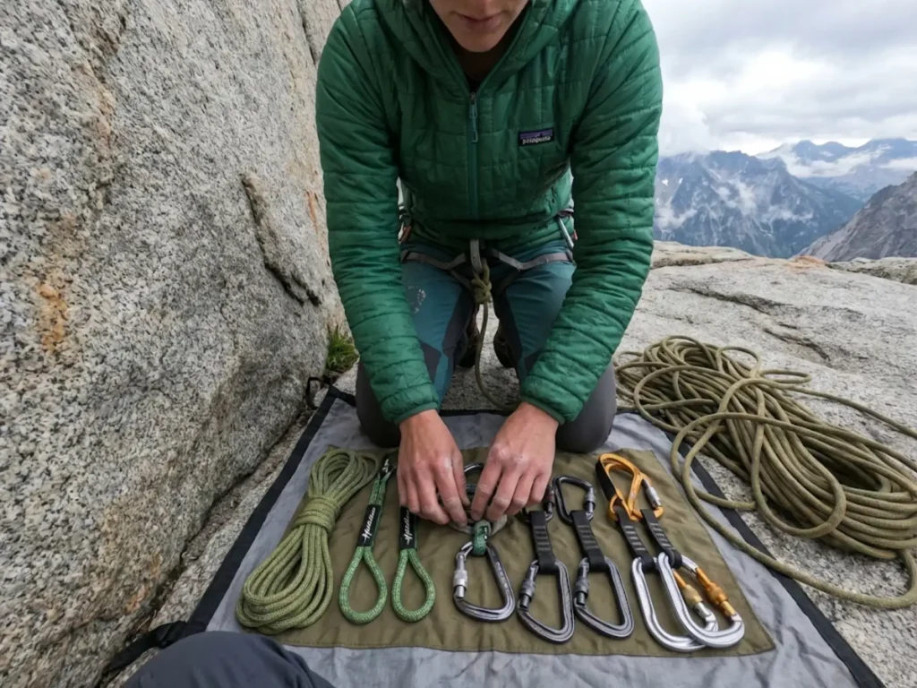 Organized rescue kit with cordelette, Prusik loops, and locking carabiners on multi-pitch belay ledge