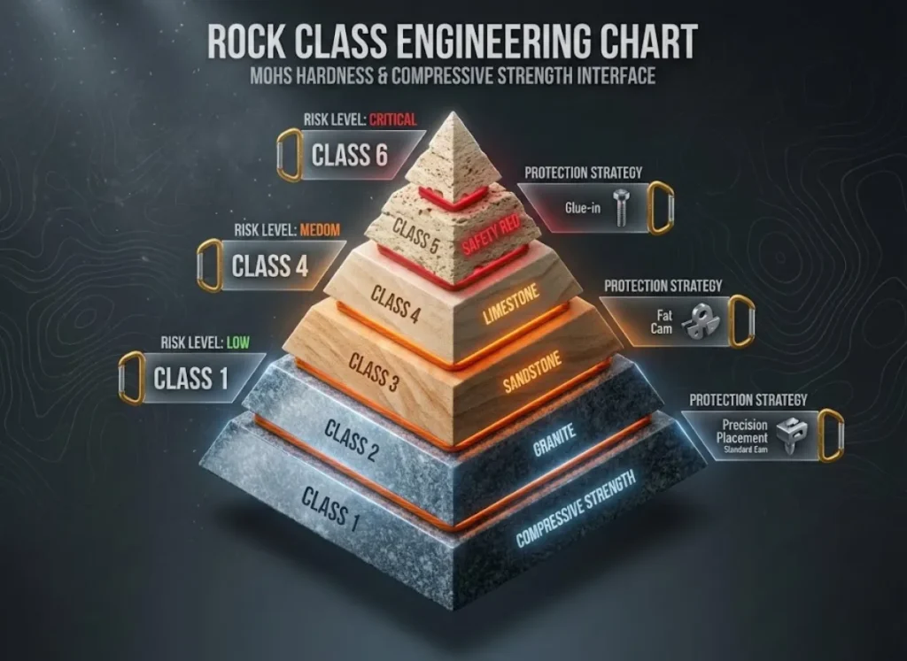 A technical 3D pyramid chart illustrating Rock Classes 1-6 for climbers, visualizing compressive strength ranges and protection strategies with specific icons for cams and bolts, set against a dark granite texture.