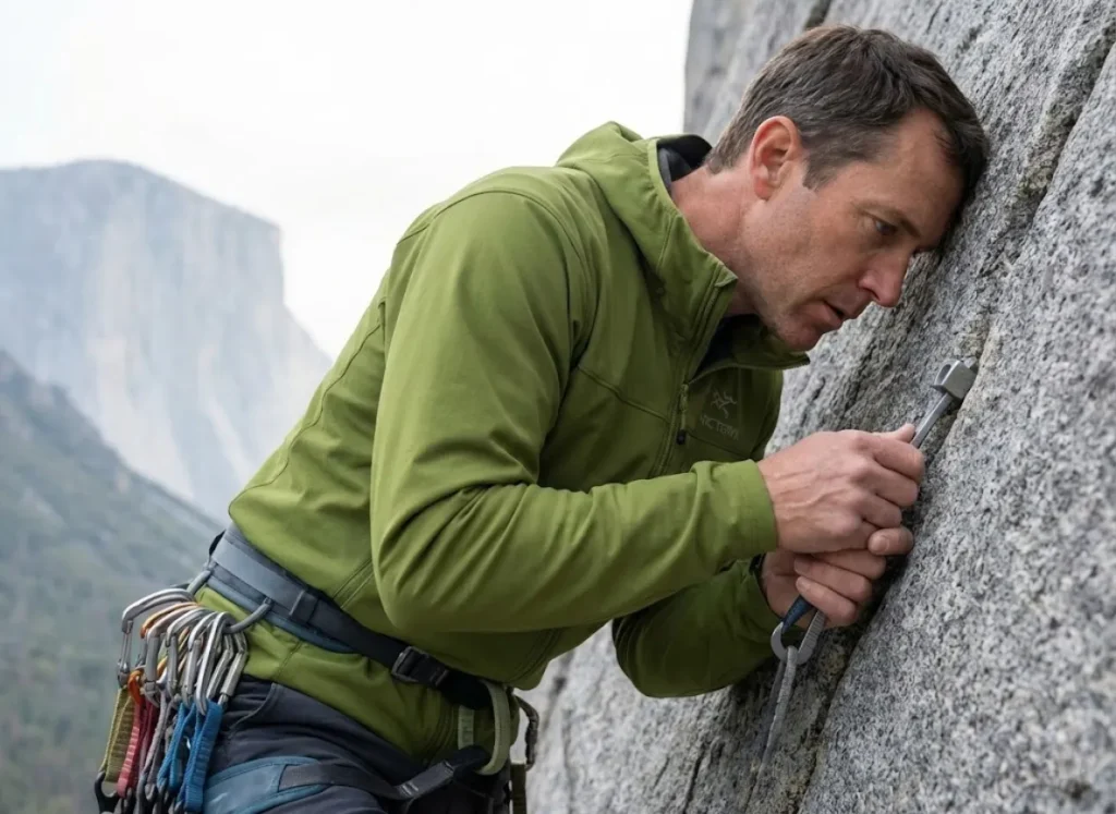 Trad climber tap-testing granite rock quality before gear placement in Yosemite Valley