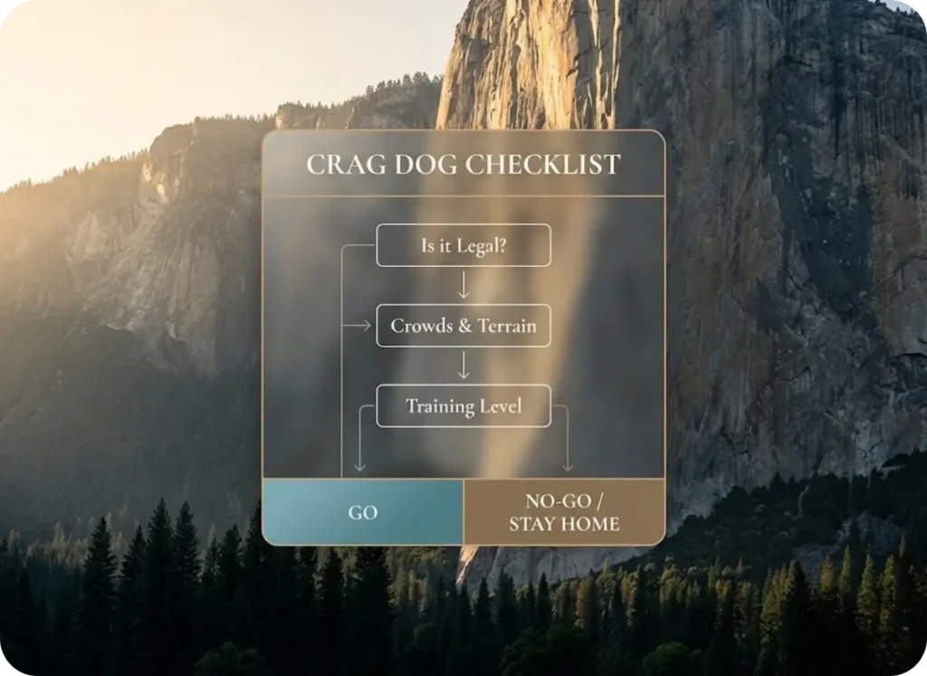 Cinematic and photorealistic documentary-style infographic set against a granite cliff backdrop at sunset with sunbeams. A semi-transparent floating panel titled "CRAG DOG CHECKLIST" displays a decision flowchart with the steps: Legality, Crowds/Terrain, and Training Level, leading to color-coded outcome zones for "GO" (blue) or "DON'T GO/STAY HOME" (brown).