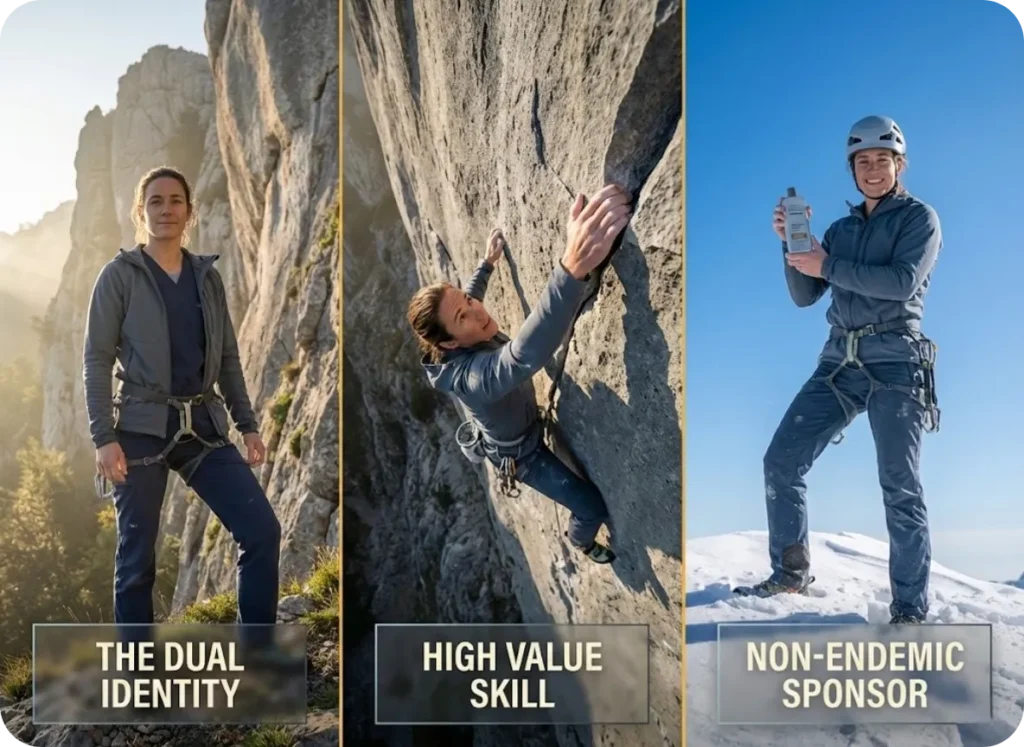 A three-panel cinematic infographic for rock climbers showing the sponsorship strategy of leveraging a day job. Left panel: Climber at the crag in professional work attire. Center panel: Climber performing a difficult move on a granite wall. Right panel: Climber at the summit holding a non-climbing product. The style is photorealistic and documentary-quality with golden hour lighting.