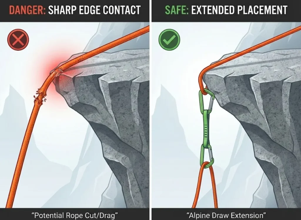 A technical comparison diagram illustrating the "Roof Problem" in rock climbing. The left panel shows a rope dangerously running over a sharp rock edge, labeled "Danger." The right panel shows the rope safely extended below the edge using an alpine draw, labeled "Safe."