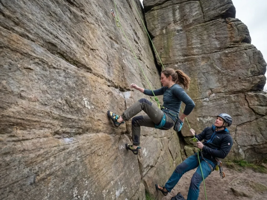 Climber falling at 15 feet showing rope stretch and belayer displacement during ground fall zone