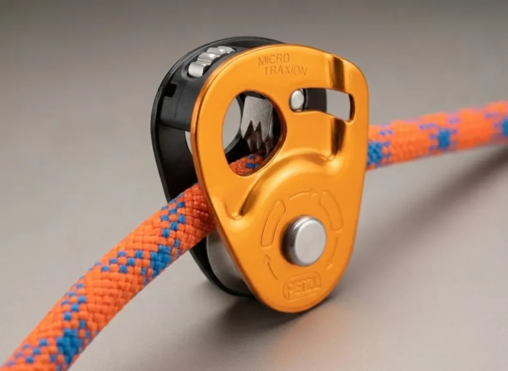 Macro photography of a Petzl Micro Traxion device engaging a climbing rope, showing the texture of the metal teeth and the weave of the rope sheath.