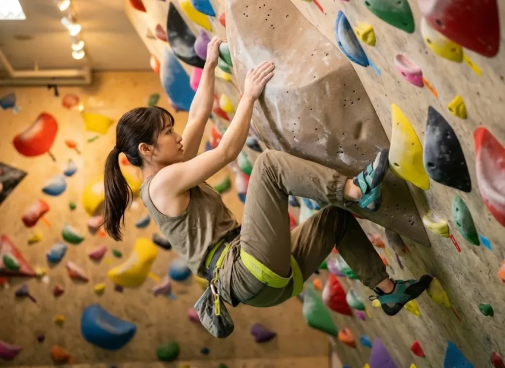 Climber demonstrating small box compression move on Tokyo overhanging boulder wall