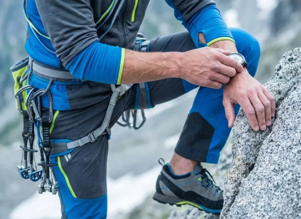 Detailed shot of a climber's hands gripping rock with precision, highlighting muscle tension and speed, wearing a Black Diamond watch and technical layers.