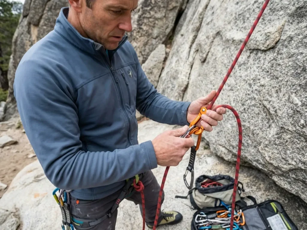 Experienced climber assembling stick clip device with quickdraw at base of climbing route for safety